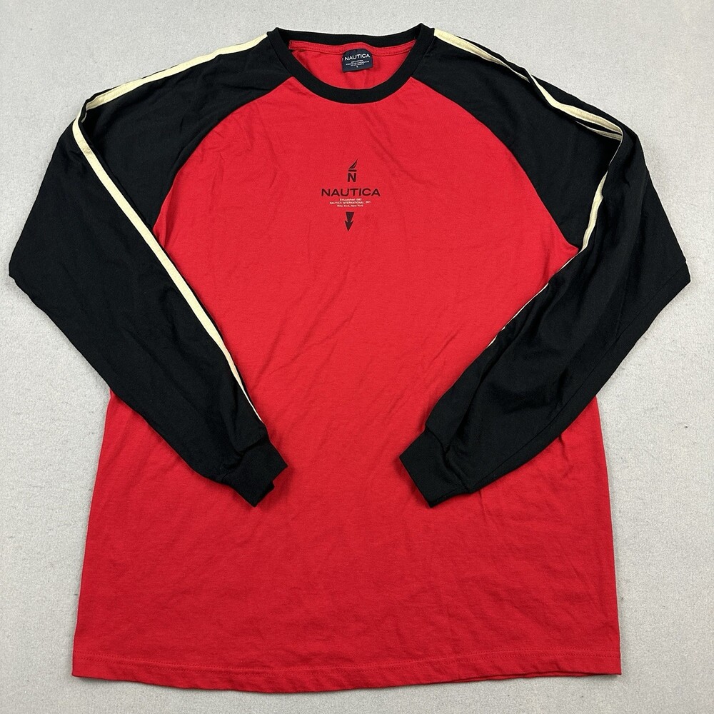 Vintage Nautica Shirt Men Large Long Sleeve Raglan Red Black Spell Out Crew L